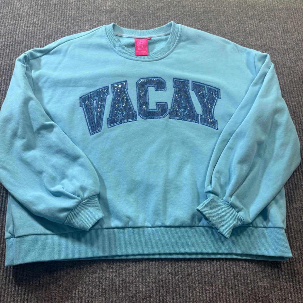 Queen of Sparkles Sweatshirt Womens Small Blue Vacay Beaded Rhinestone Pullover